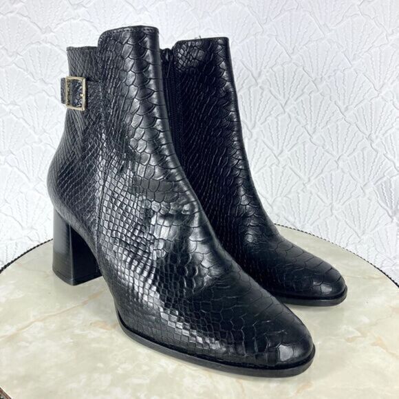 Antonio de Faria Ankle Boot Womens Size 9 Black Camila Snake Skin Chunky Heels - Picture 2 of 13